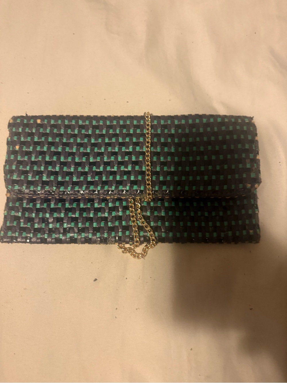 Woven Green and Black Clutch with Gold Chain